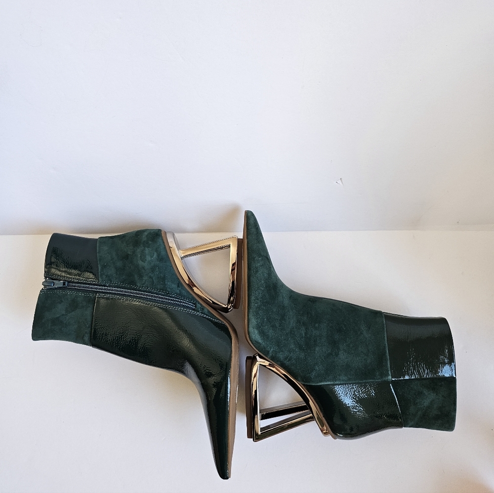 Gianni Bini Green Patent & Suede Mod Ankle Boots, Sculptural Silver Heel Sz 5.5 - Picture 6 of 7